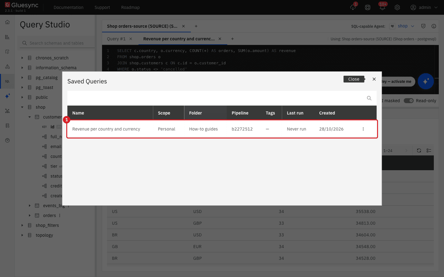 Saved Queries list showing the Revenue per country and currency query as Personal in the folder How-to guides