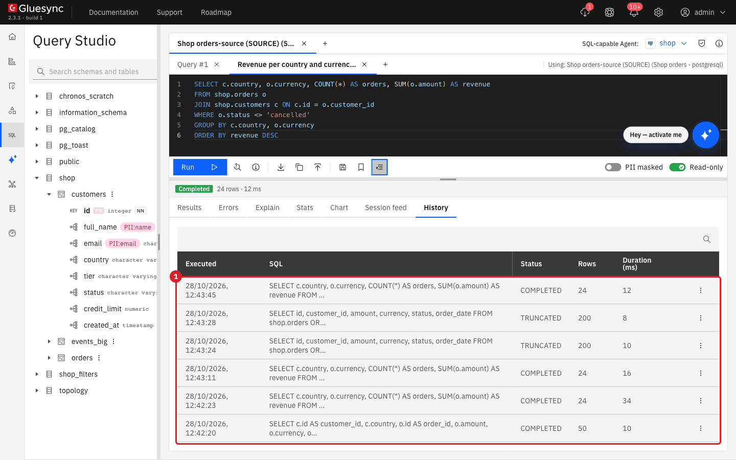 History tab listing the executed statements with their status