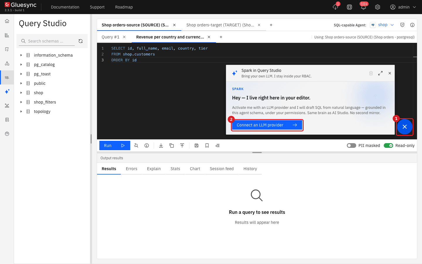 Spark in Query Studio panel above the editor with the launcher marked 1 and the Connect an LLM provider button marked 2