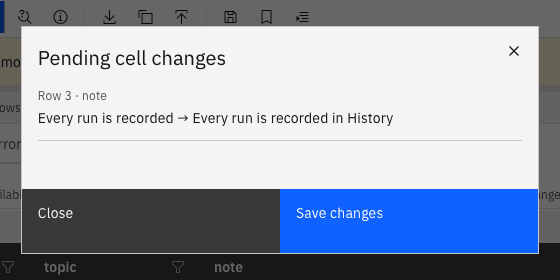 Pending cell changes dialog showing Row 3