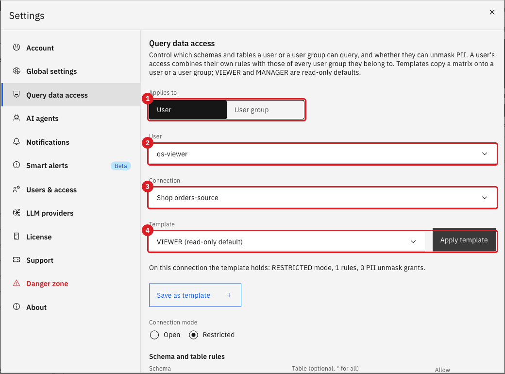 Query data access settings with Applies to marked 1