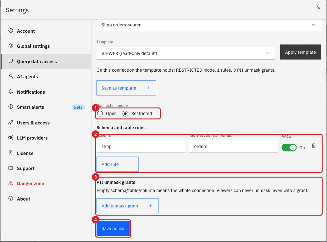 Query data access rules with the Restricted mode marked 1