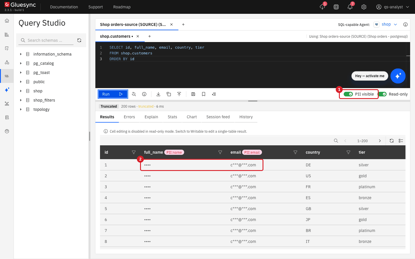 Customer result as qs-analyst with the PII visible toggle marked 1 and the full_name and email values still masked