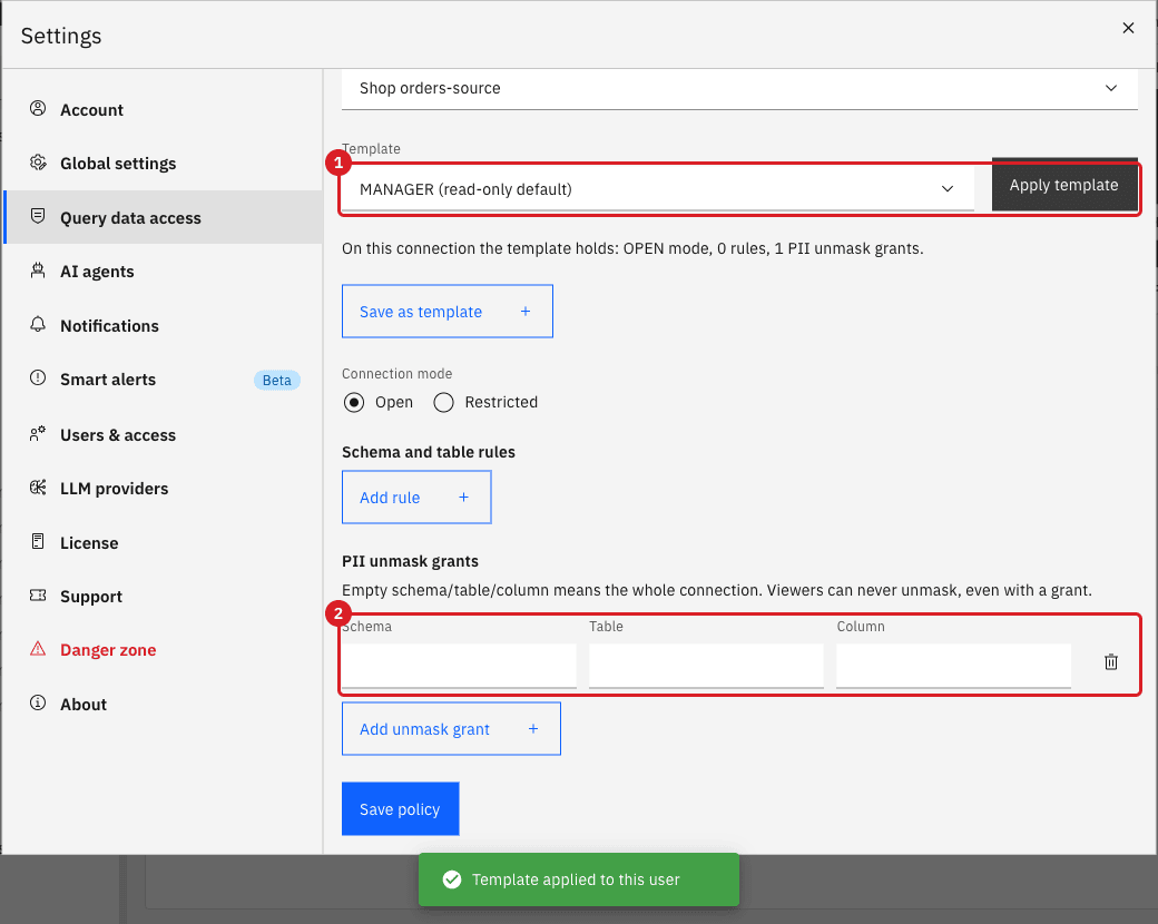 Query data access for qs-analyst with the MANAGER template and Apply template button marked 1 and the empty PII unmask grant row marked 2