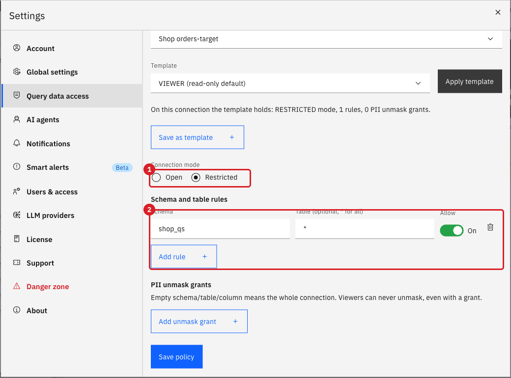 Query data access for qs-analyst on Shop orders-target with Restricted marked 1 and the Allow rule for schema shop_qs and table * marked 2