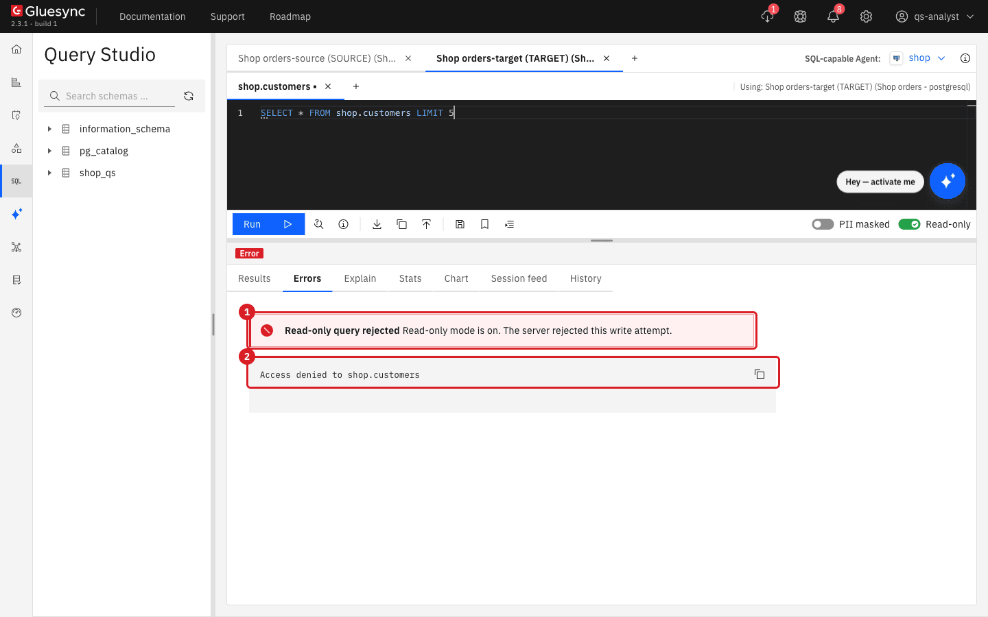 Errors tab as qs-analyst showing Access denied to shop.customers