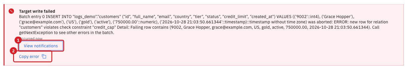 Entity page banner Target write failed with the database message