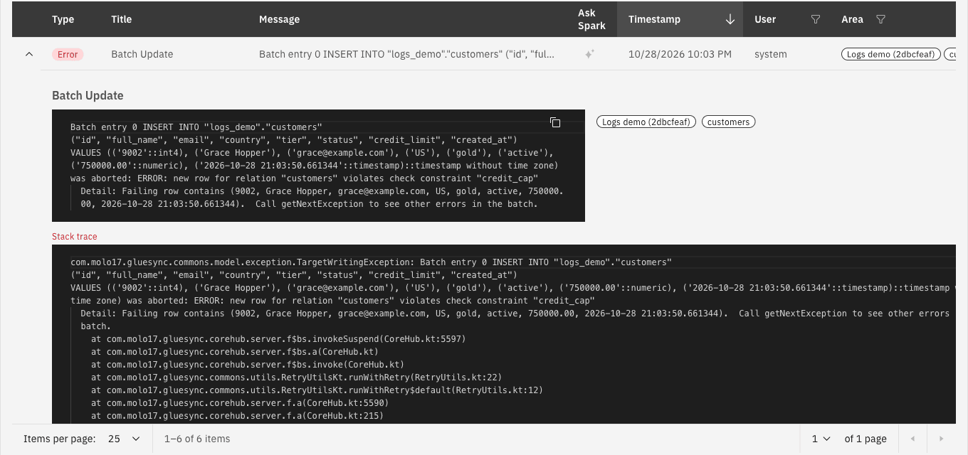 Notifications hub with an expanded Error row Batch Update showing the message and the Stack trace