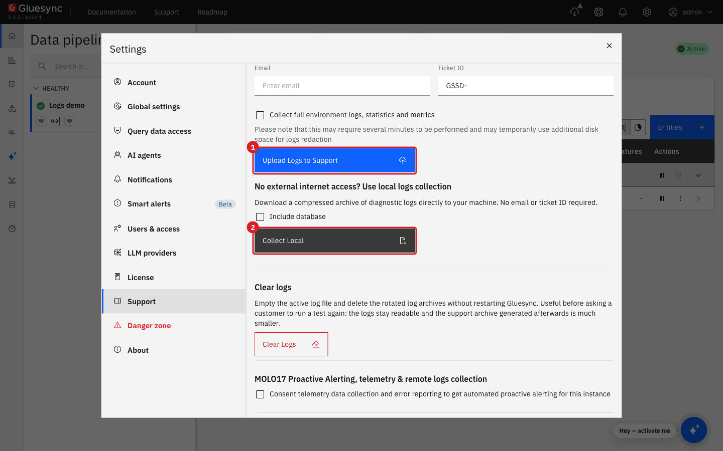 Settings Support page with Log collection for support