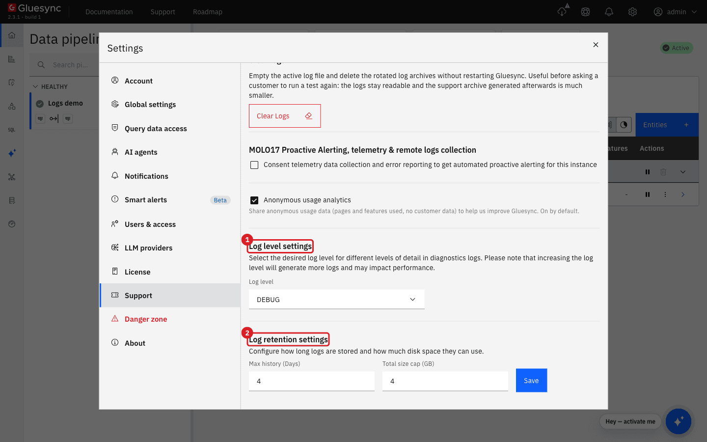 Settings Support page with Log level settings marked 1 and Log retention settings with Max history in days