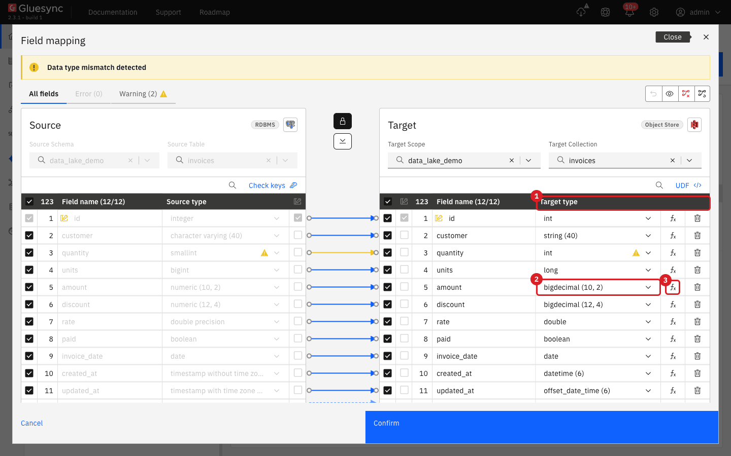 The Field mapping dialog with the Target type column marked by annotation 1