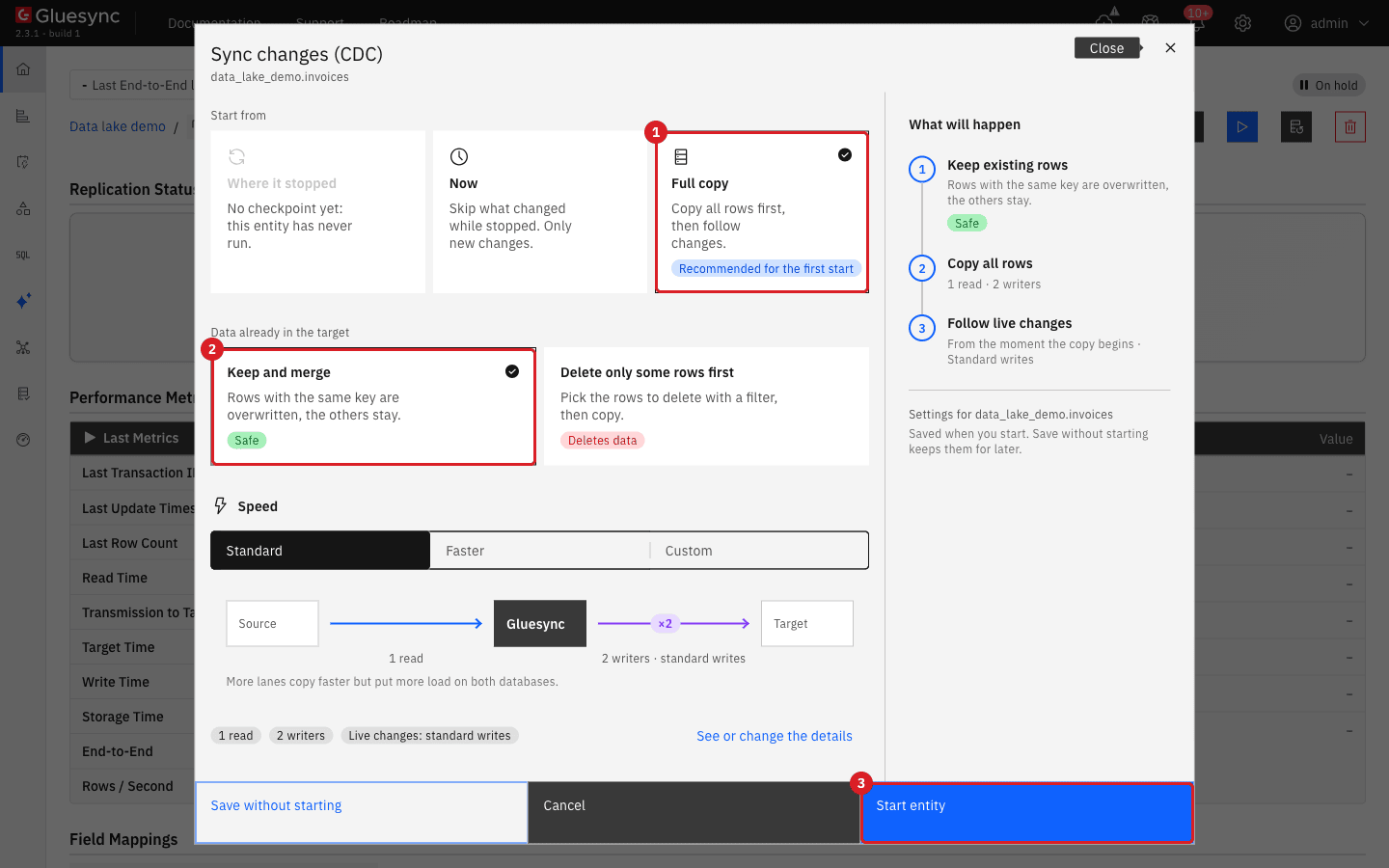 The Sync changes dialog with Full copy marked by annotation 1