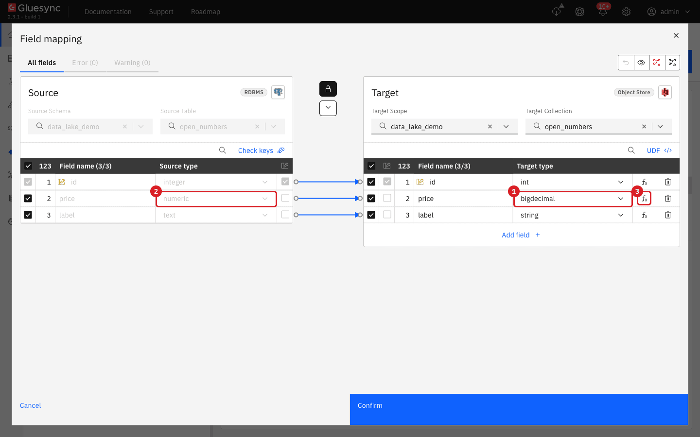 The Field mapping dialog for the open_numbers table with the price field mapped from numeric to bigdecimal