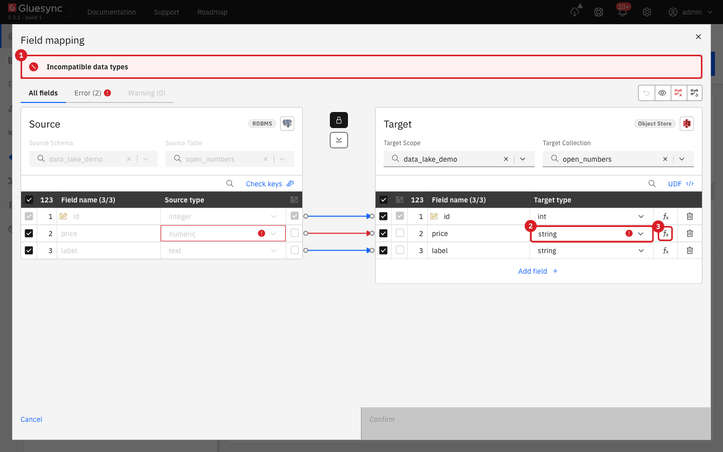 The Field mapping dialog with the banner Incompatible data types marked by annotation 1