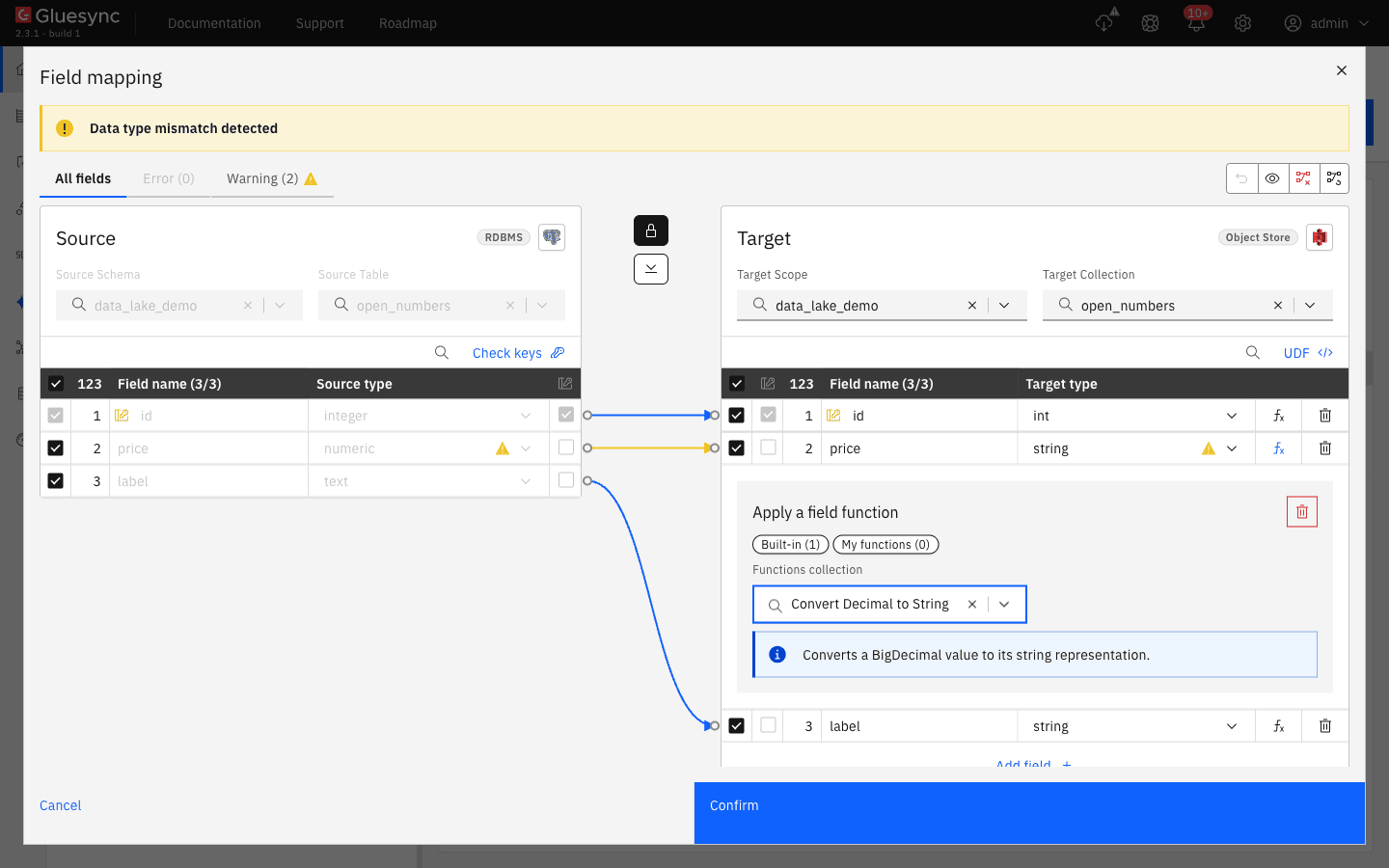 The Field mapping dialog with the Convert Decimal to String function applied to the price field
