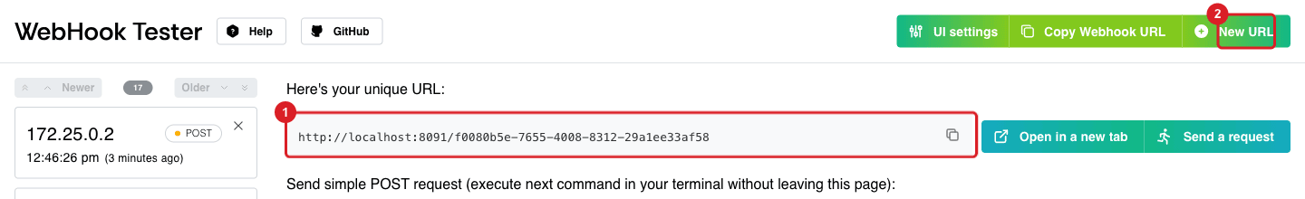 The WebHook Tester page with the unique session URL marked by annotation 1 and the New URL button marked by annotation 2