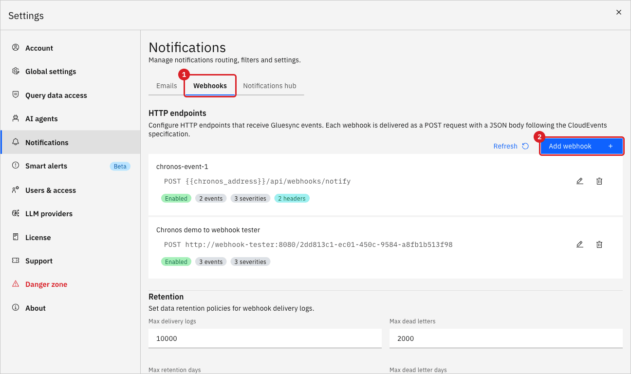 The Notifications settings with the Webhooks tab marked by annotation 1 and the Add webhook button marked by annotation 2