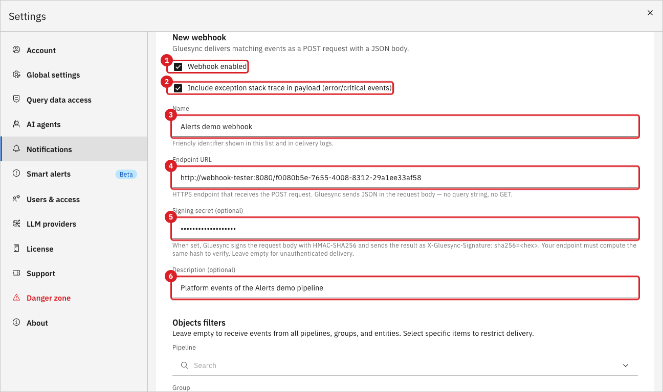 The New webhook form with Webhook enabled