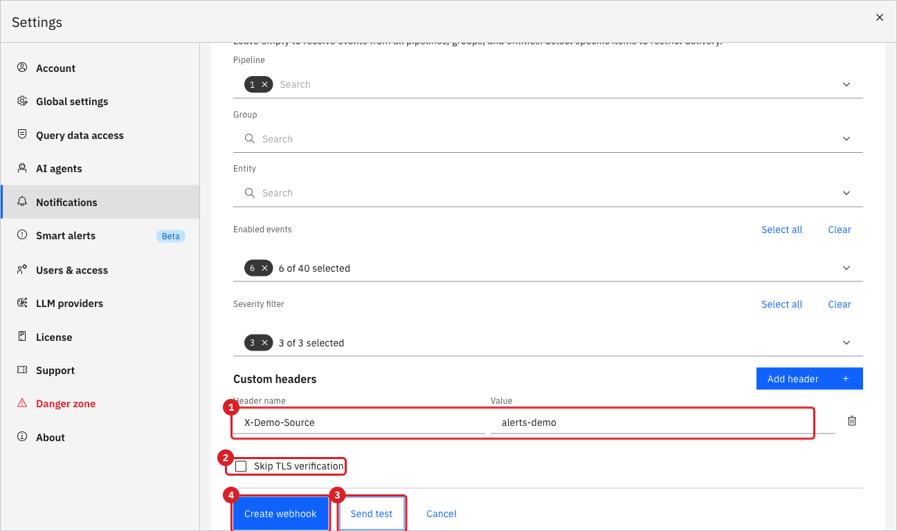 The custom header row marked by annotation 1