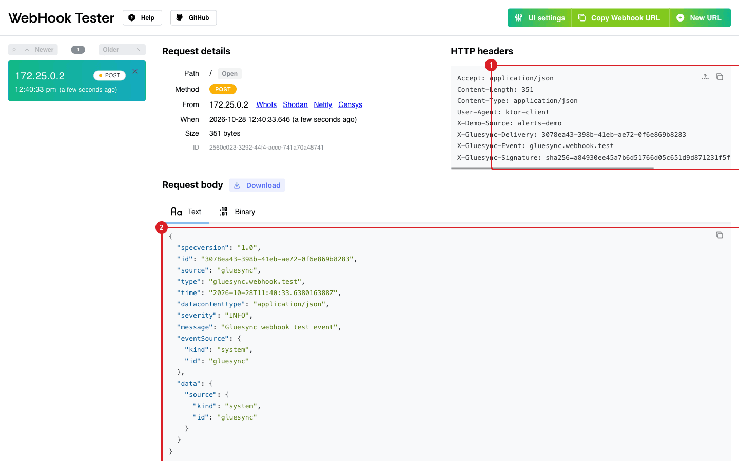 The receiver showing the HTTP headers marked by annotation 1 and the JSON request body of the test event marked by annotation 2