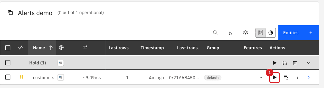 The entities table with the play icon of the customers entity marked by annotation 1