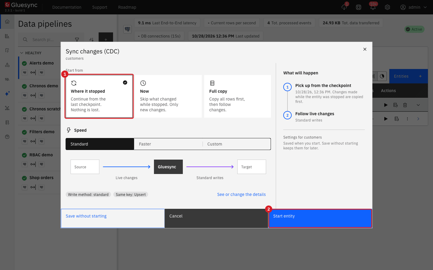 The Sync changes dialog with Where it stopped marked by annotation 1 and Start entity marked by annotation 2