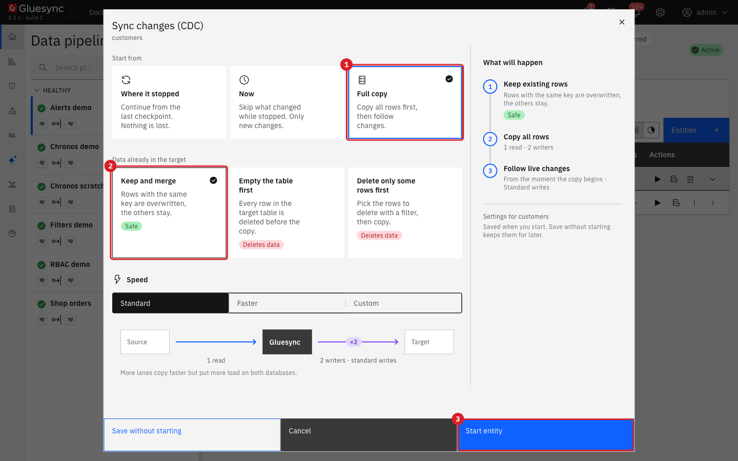 The start dialog with Full copy marked by annotation 1