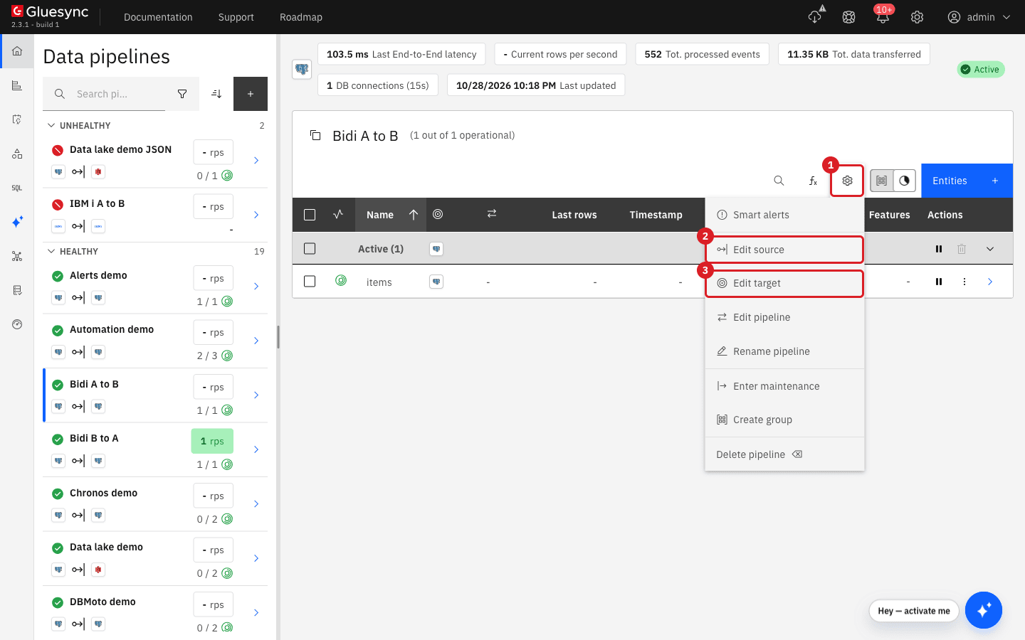 Pipeline page of Bidi A to B with the settings menu open: the gear button is marked 1
