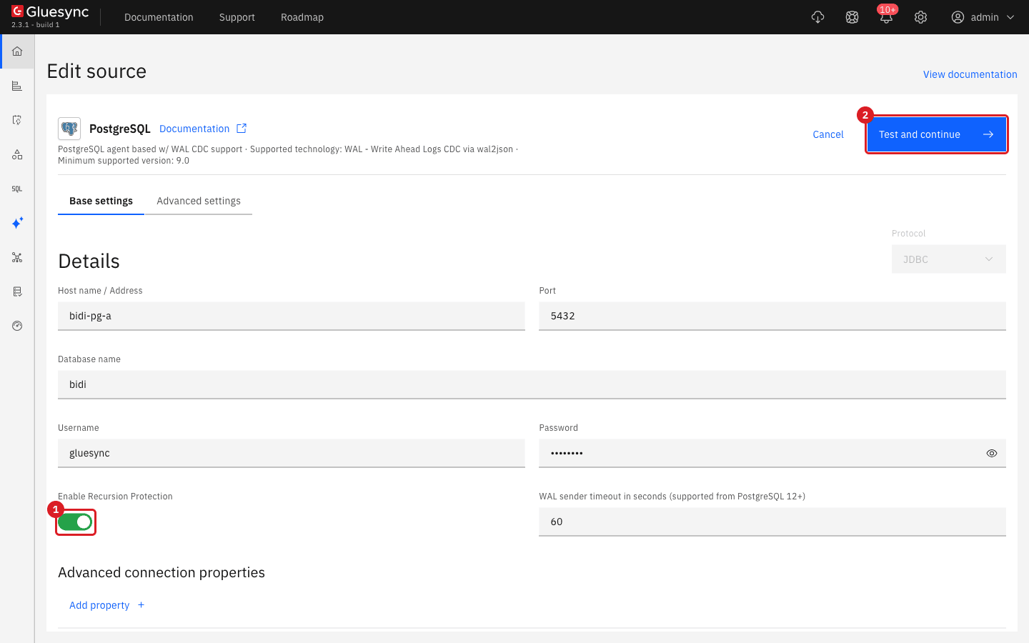 Edit source page of the PostgreSQL agent with the Enable Recursion Protection switch turned on and marked 1