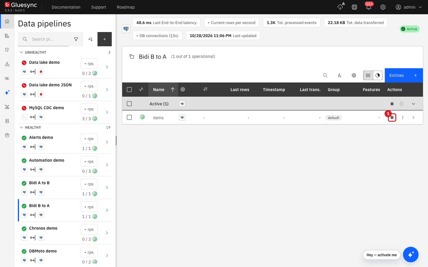 Entity table of the pipeline Bidi B to A with the entity items active and the pause icon marked 1