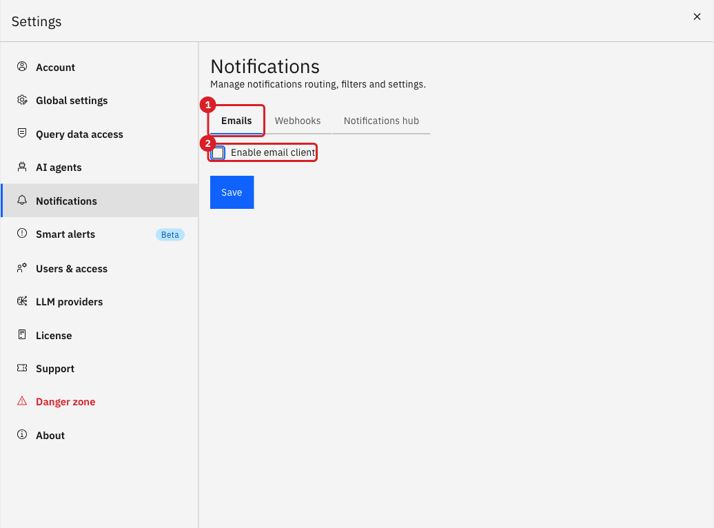 The Notifications settings with the Emails tab marked by annotation 1 and the Enable email client checkbox marked by annotation 2
