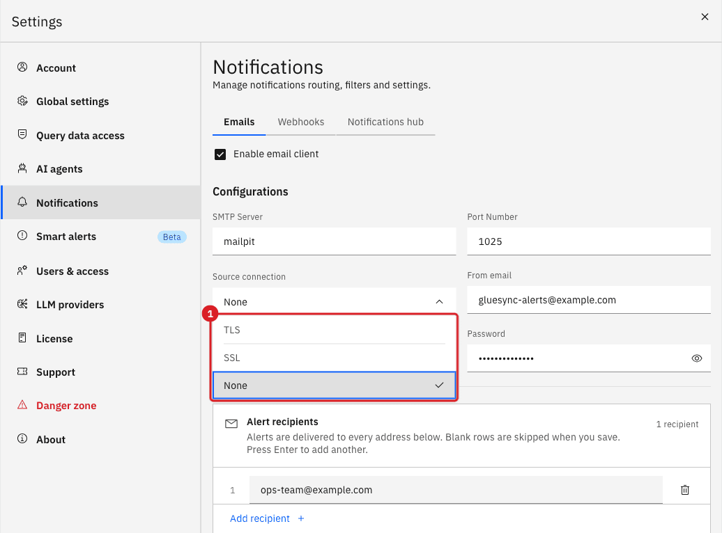 The encryption dropdown open with the options TLS