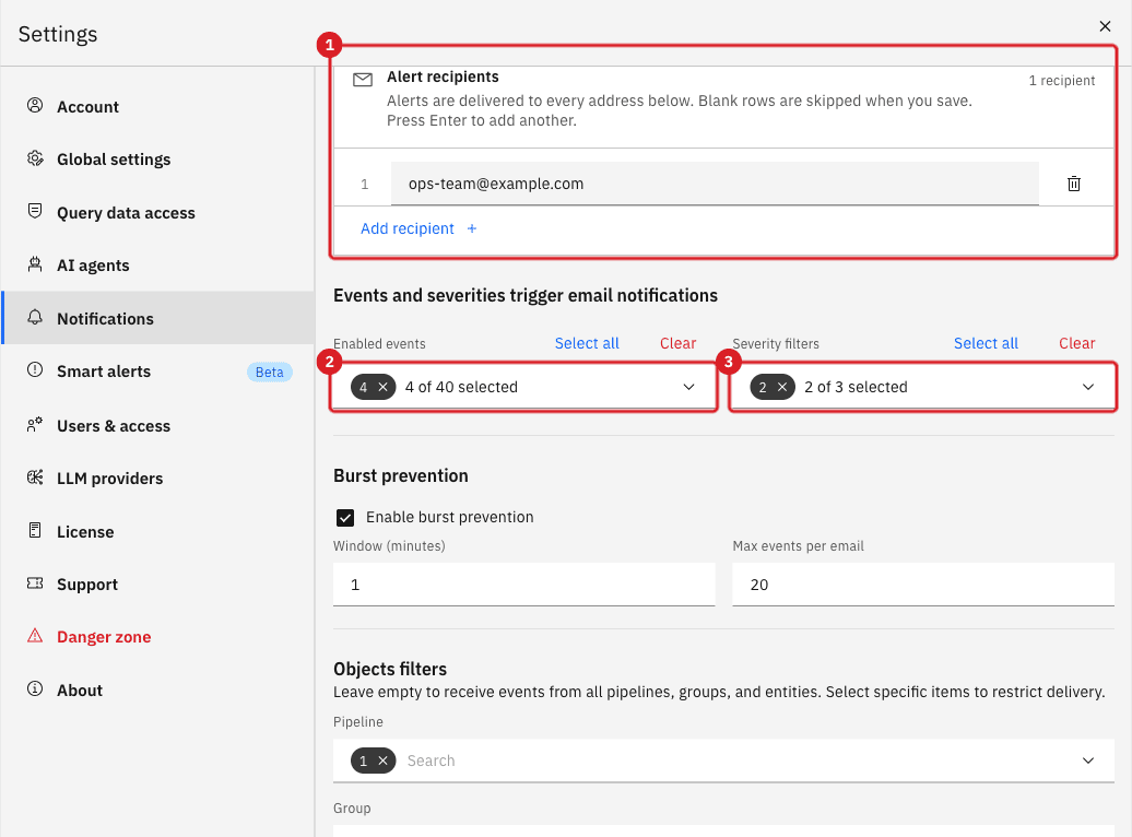 The Alert recipients list marked by annotation 1