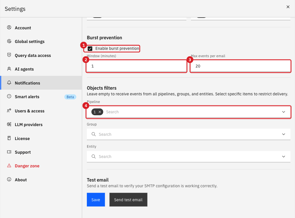 The Burst prevention checkbox marked by annotation 1