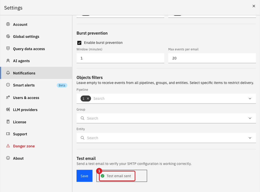 The Test email section with the Test email sent confirmation marked by annotation 1