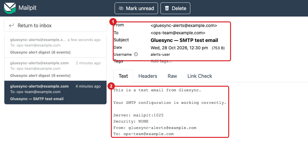 The opened test email with the header fields marked by annotation 1 and the message body marked by annotation 2