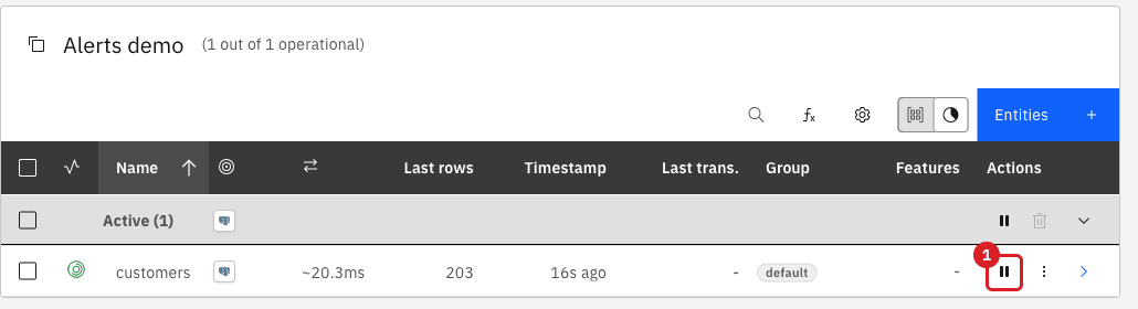 The entities table of the Alerts demo pipeline with the pause icon of the customers entity marked by annotation 1
