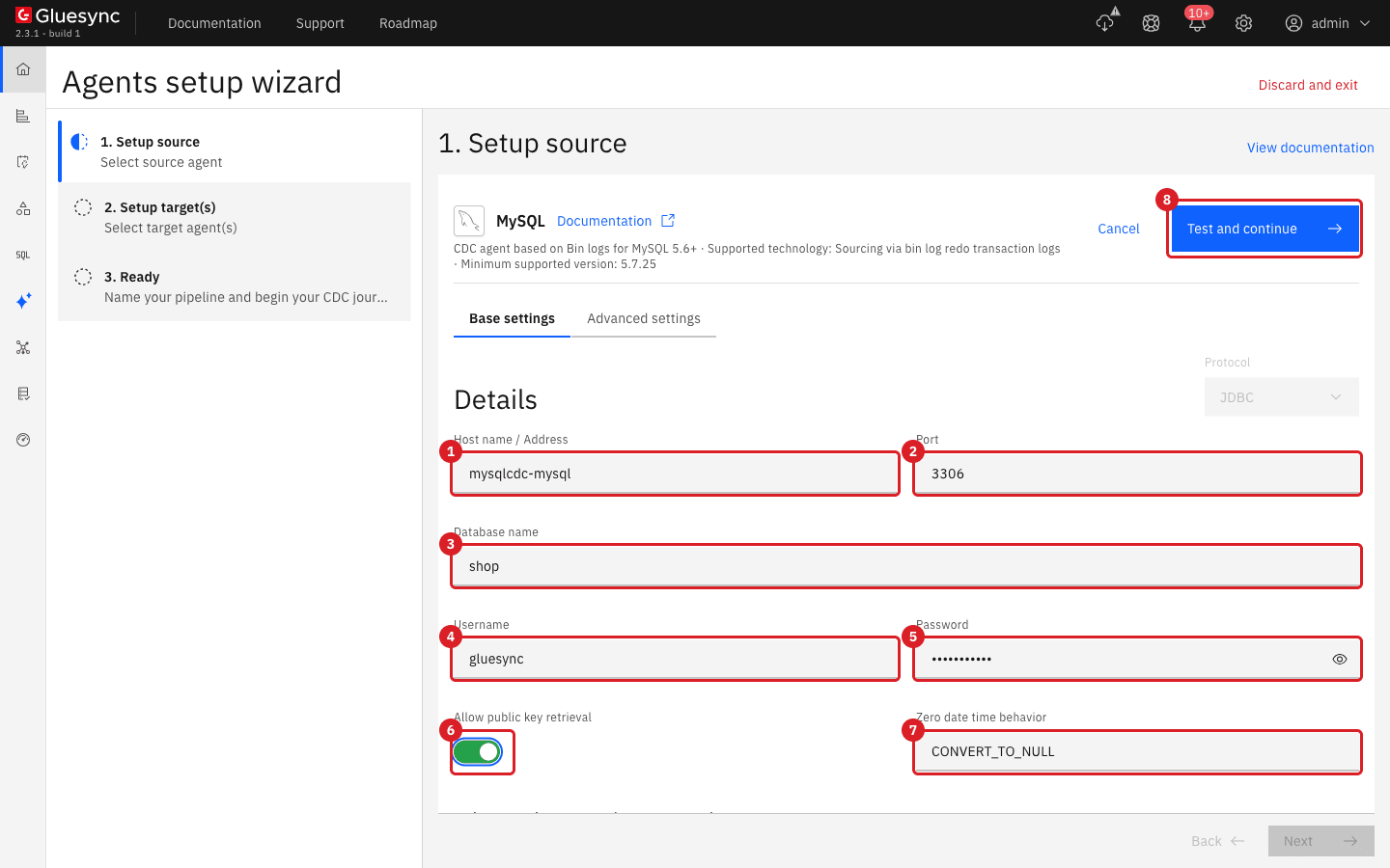 MySQL source form of the Agents setup wizard with host