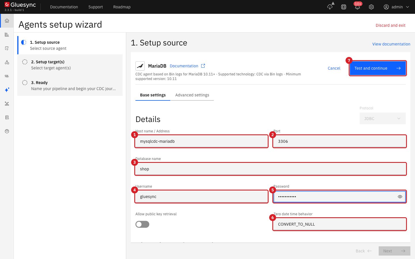 MariaDB source form of the Agents setup wizard with host