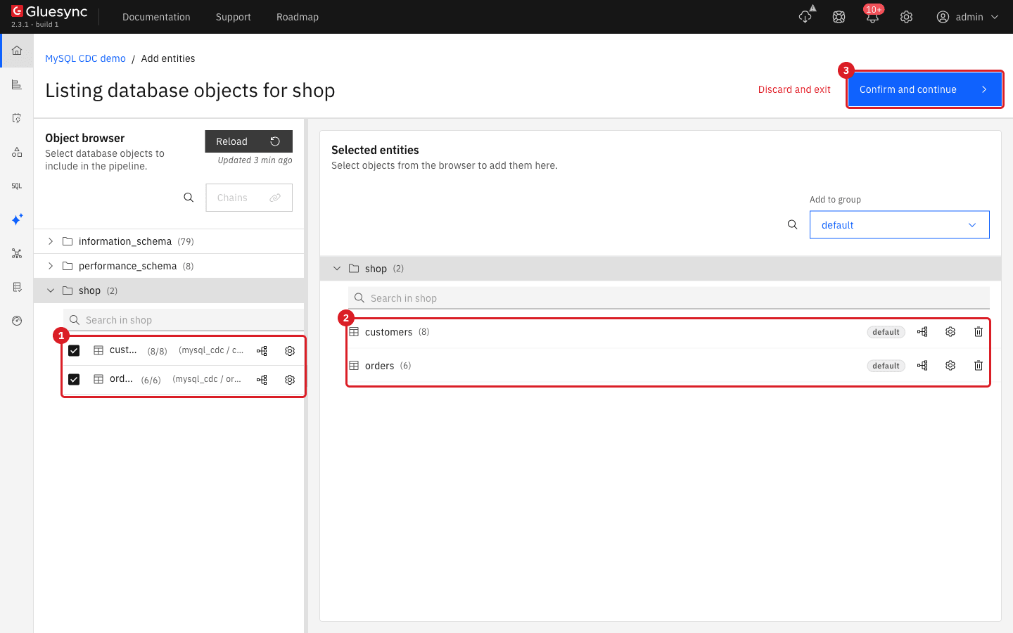 Listing database objects for shop with customers and orders selected and mapped to the schema mysql_cdc