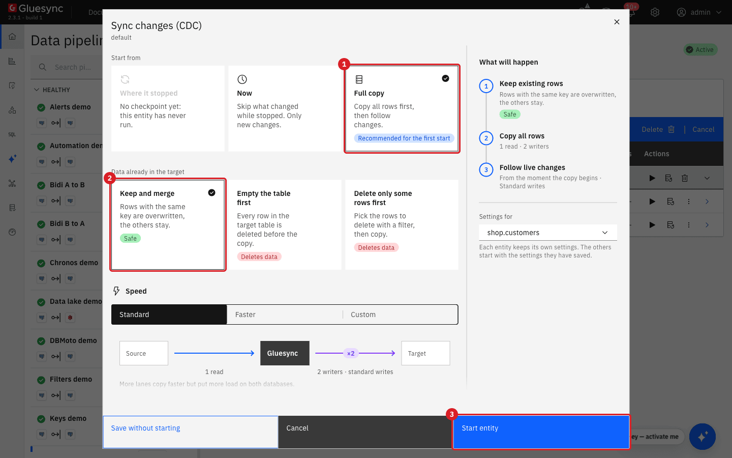 Sync changes (CDC) dialog for shop.customers with Full copy and Keep and merge selected and Start entity highlighted