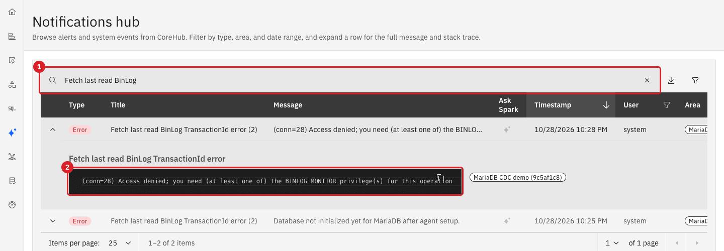 Notifications hub filtered on Fetch last read BinLog