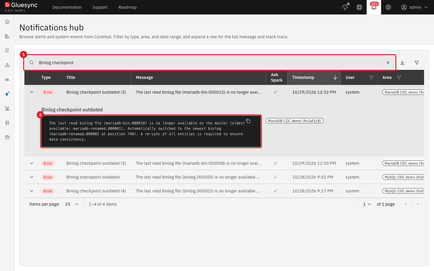 Notifications hub filtered on Binlog checkpoint with the expanded message The last read binlog file is no longer available on the master