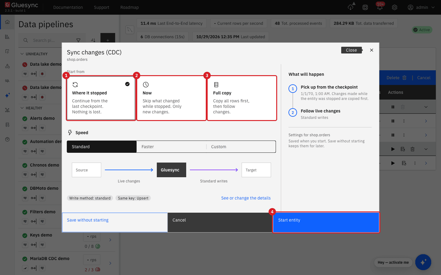 Sync changes (CDC) dialog for shop.orders with the three Start from choices Where it stopped