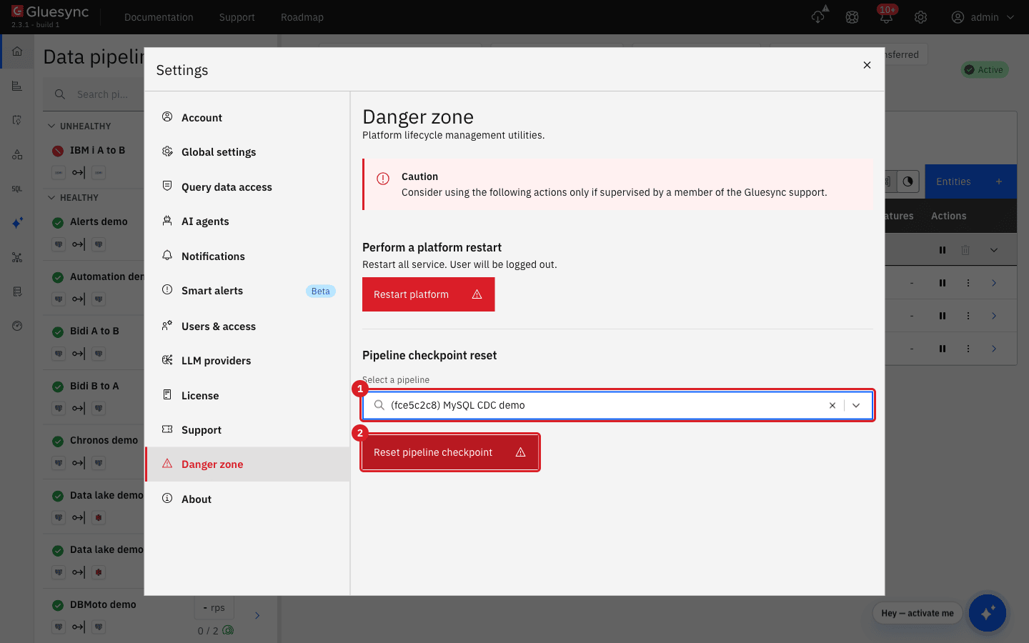 Settings dialog on Danger zone with the pipeline MySQL CDC demo selected under Pipeline checkpoint reset and the Reset pipeline checkpoint button