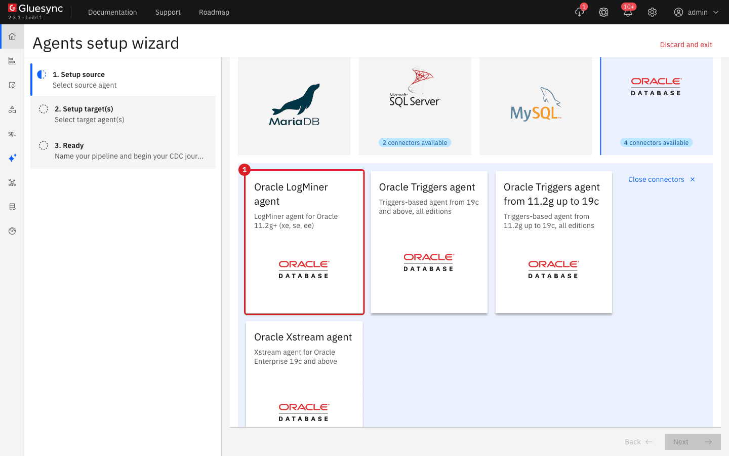 Agents setup wizard with the Oracle Database tile selected and the four connectors listed; the Oracle LogMiner agent is marked with annotation 1