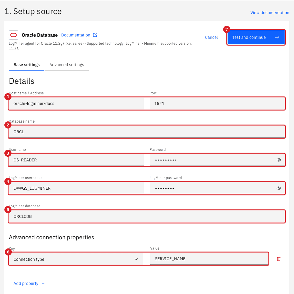 Oracle LogMiner connection form filled with host