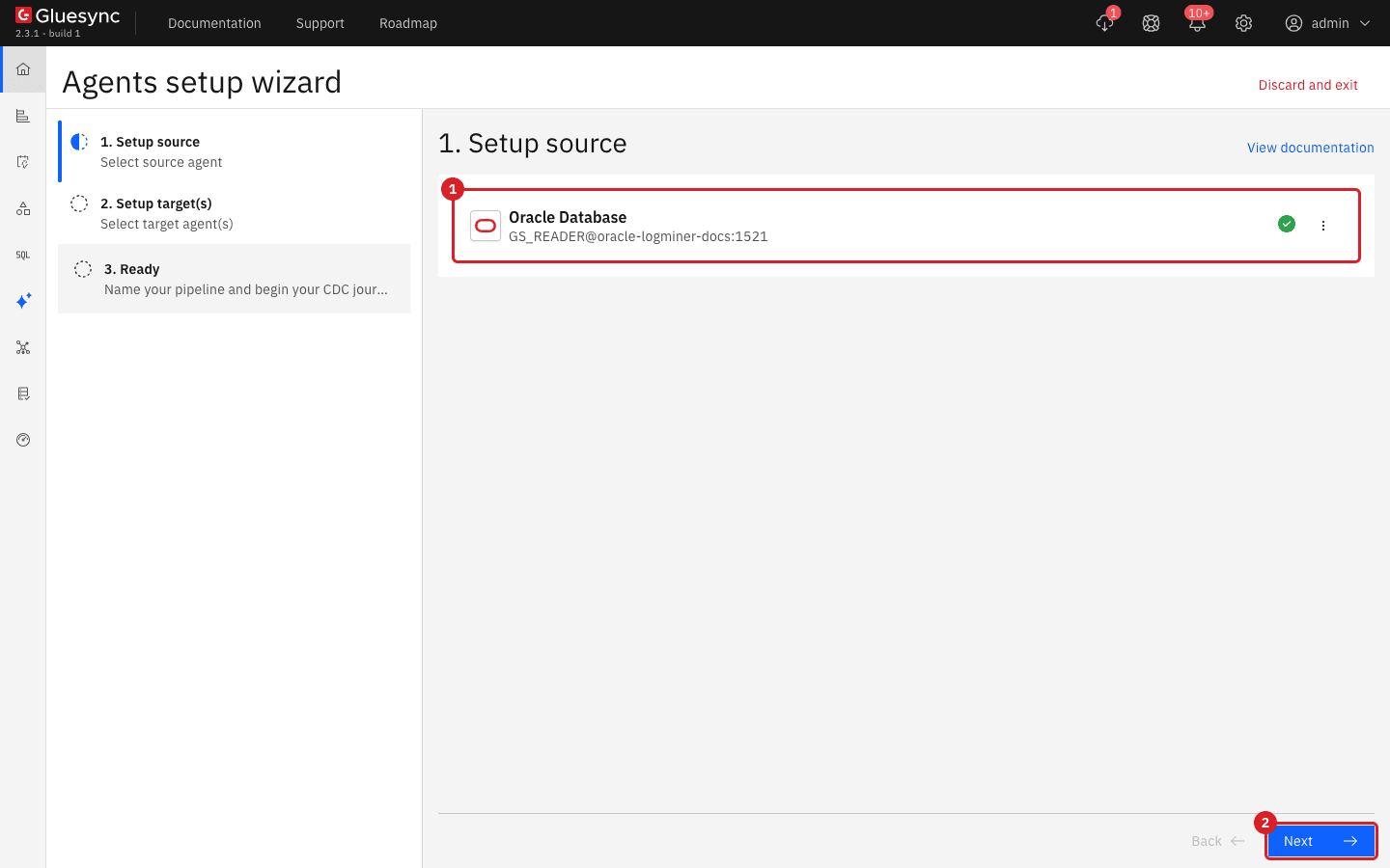 Setup source step showing the Oracle Database card with the green check mark