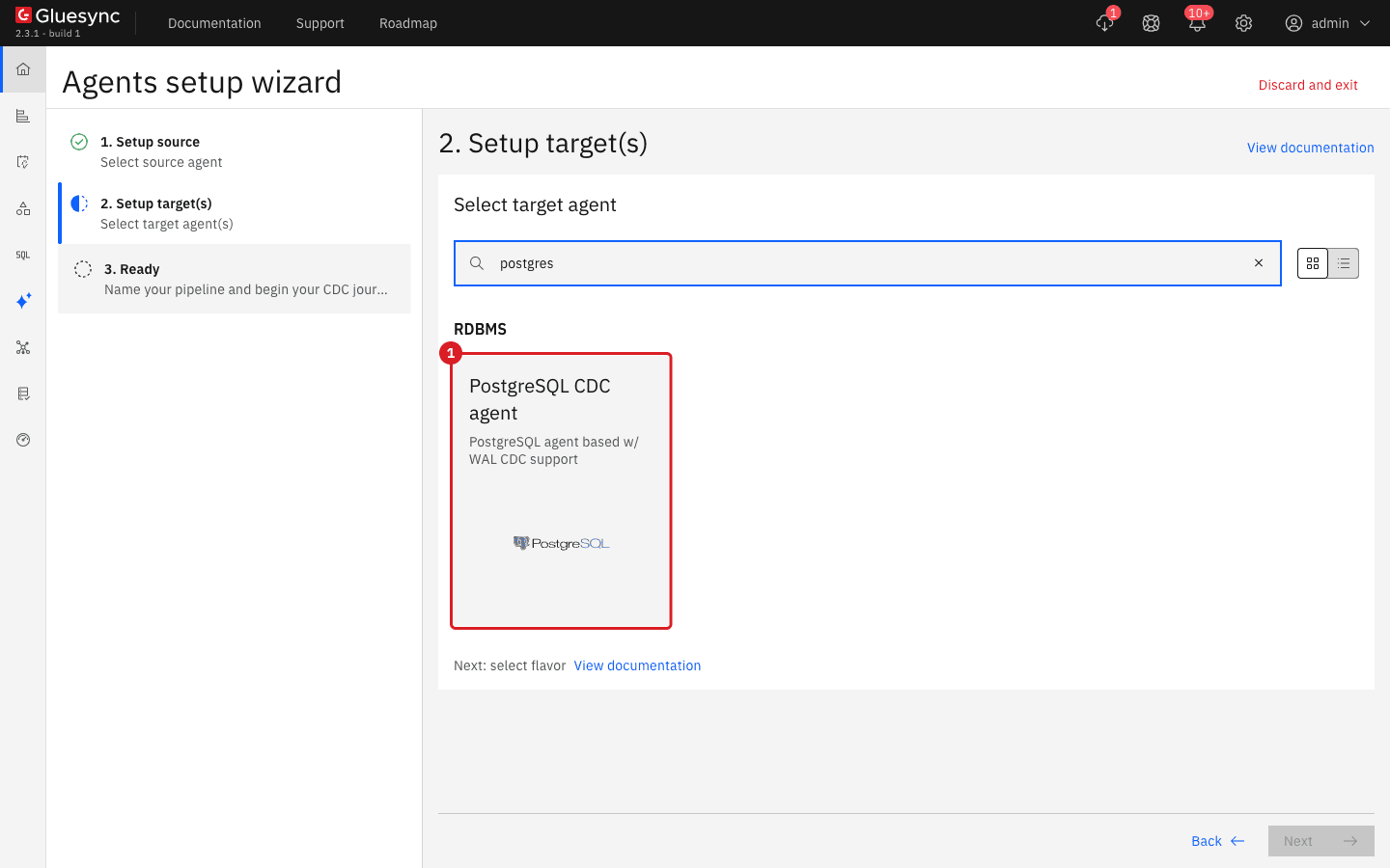 Setup target step with the search field containing postgres and the PostgreSQL CDC agent card marked with annotation 1