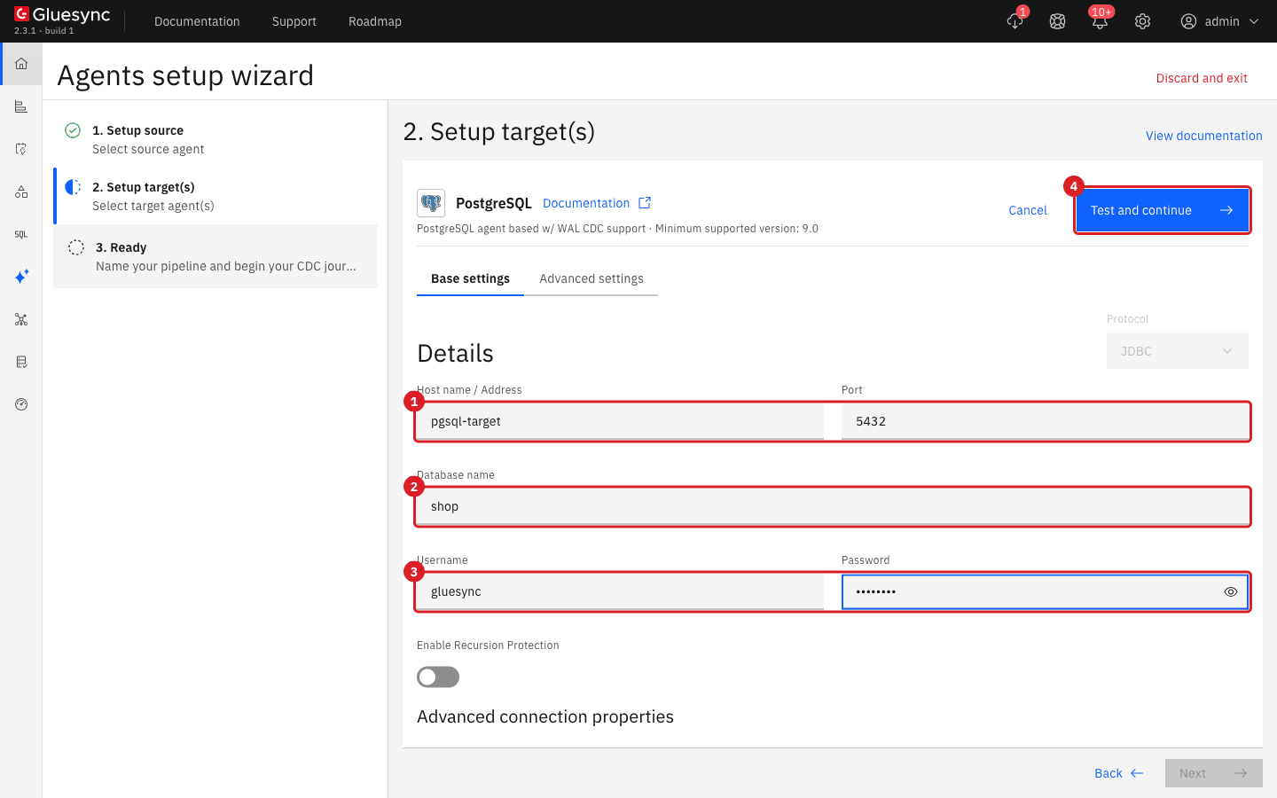 PostgreSQL connection form with host pgsql-target